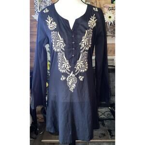 NWT Amanda Blu Blk Ctn Boho Hippie Tunic Ivory Embroidered Sm Lagenlook